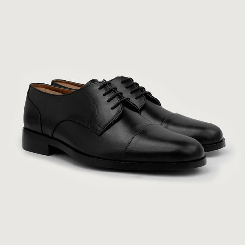 Attorney Derby Black Leather Shoes For Men in Black Full-Grain Leather - Lateral Side Profile View | Buy Online