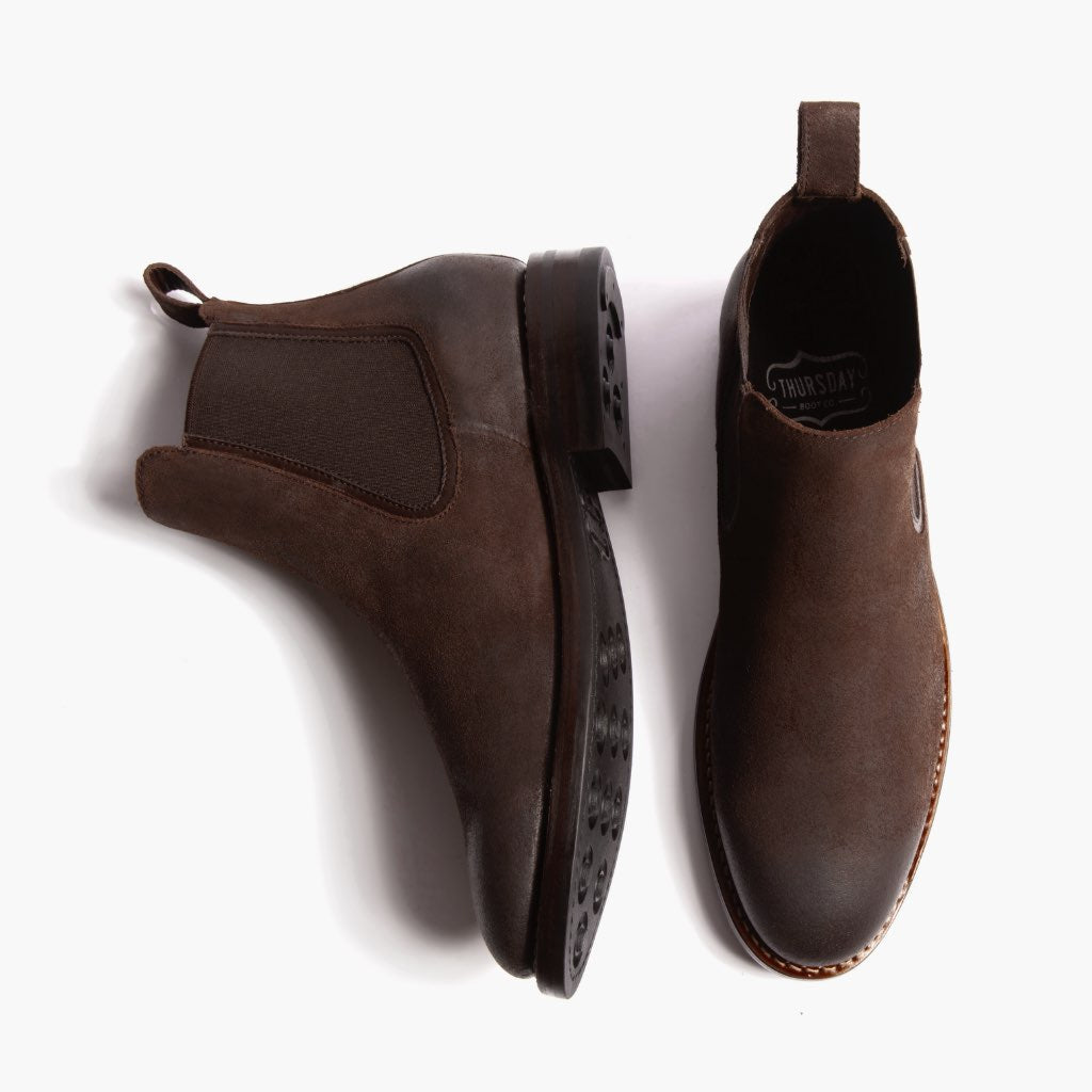 Duke チョコレート Suede レザーブーツ メンズ - 補強ヒールカウンターと高精度2本針ステッチのディテール