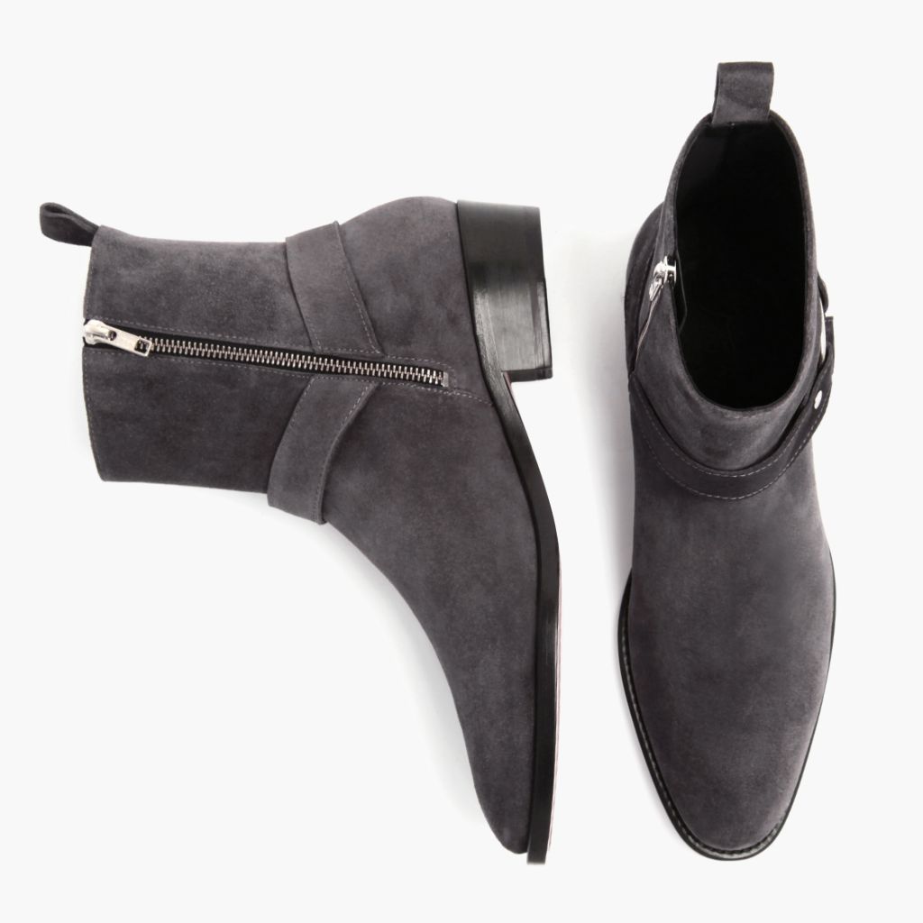 Harness グレー Suede レザーブーツ メンズ - 補強ヒールカウンターと高精度2本針ステッチのディテール