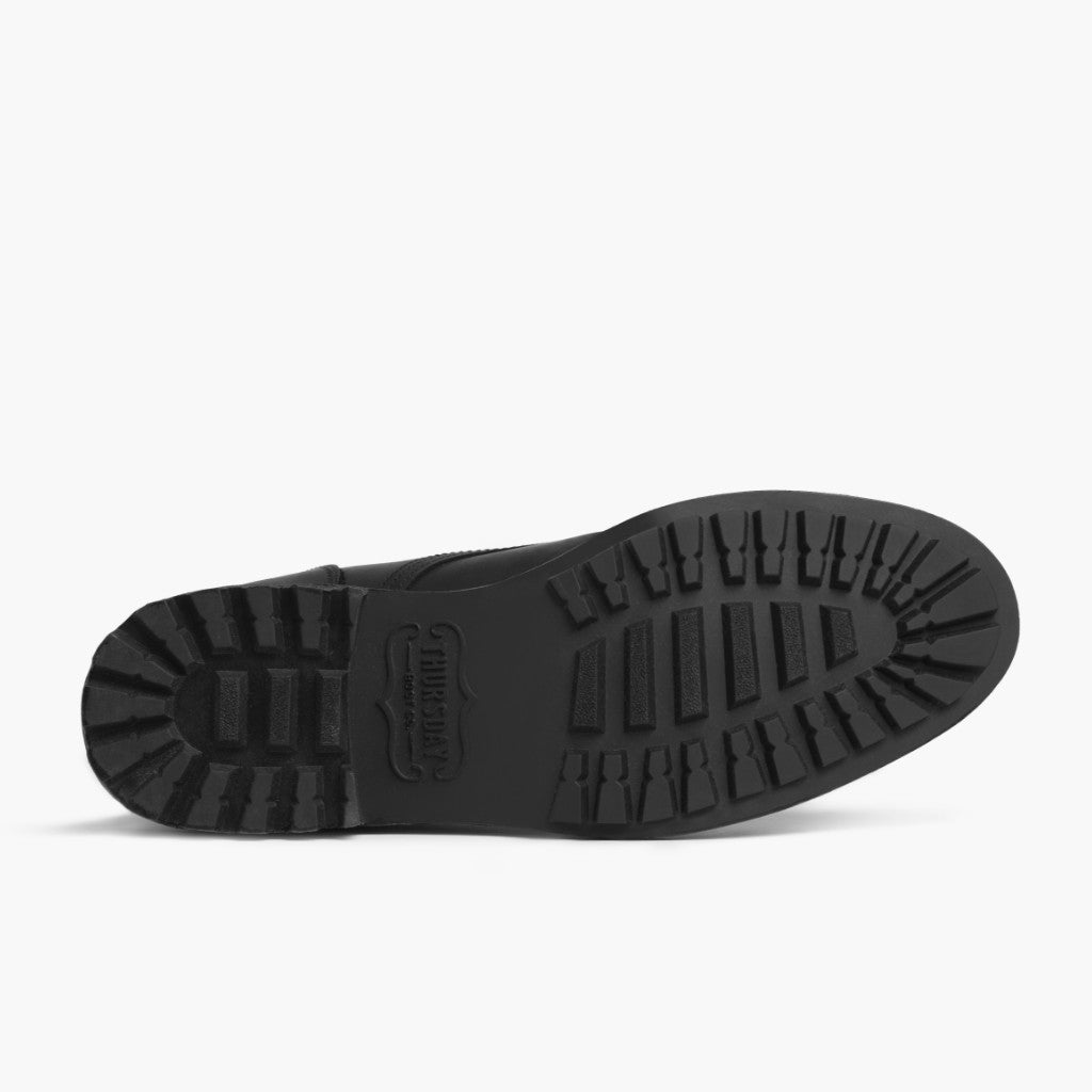 High-Traction Rubber Outsole & Lug Tread Pattern on Logger マットブラック レザーブーツ メンズ