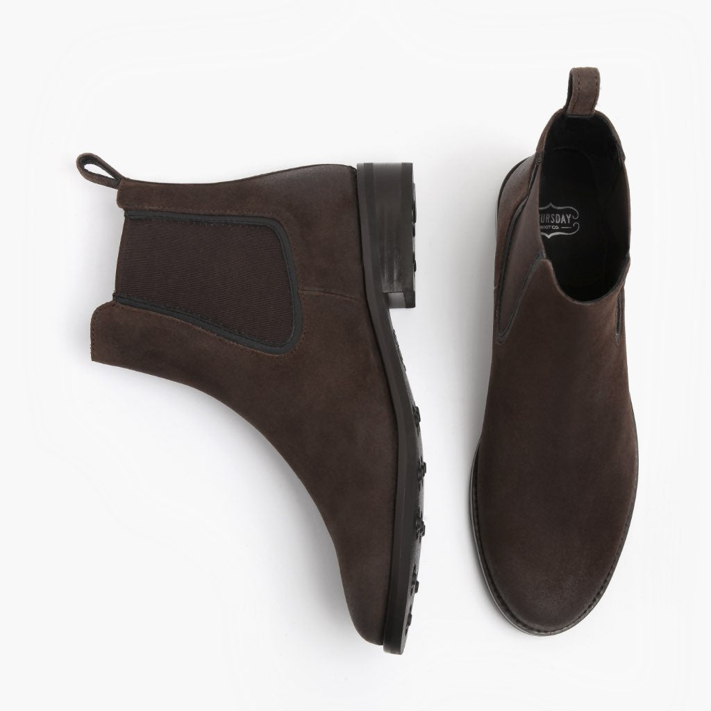 Duchess ダークブラウン Suede レザーブーツ レディース - 補強ヒールカウンターと高精度2本針ステッチのディテール