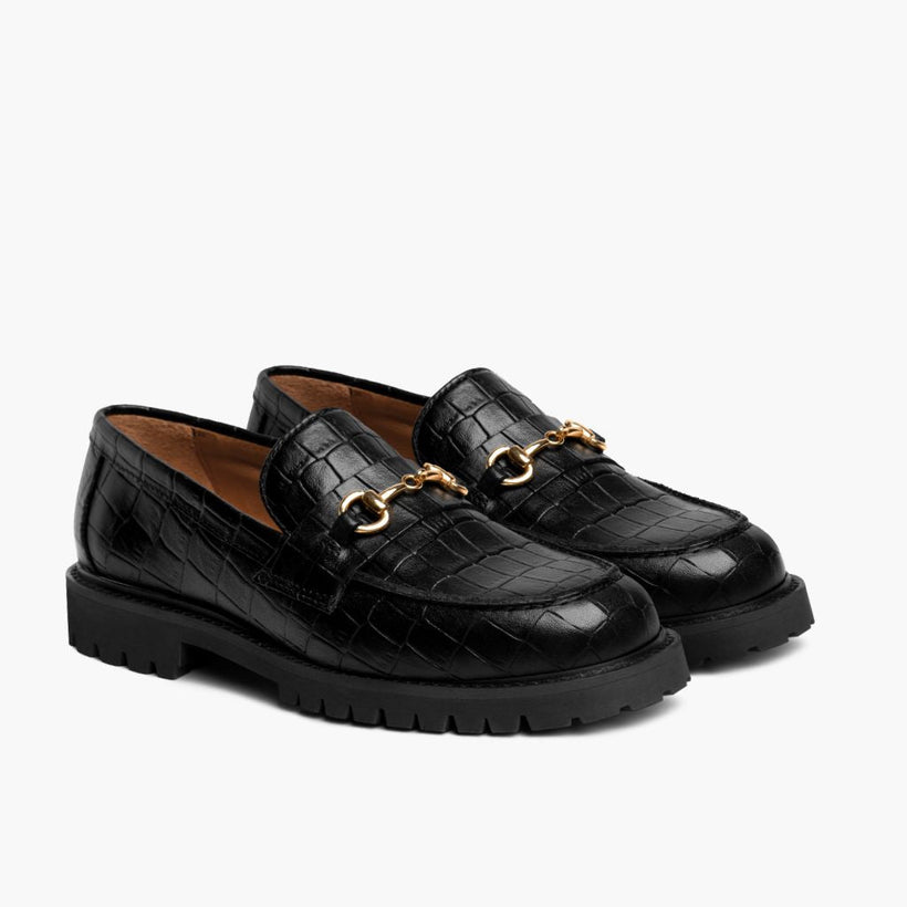 Penny ブラック & Gold Croco Leather Loafers レディース