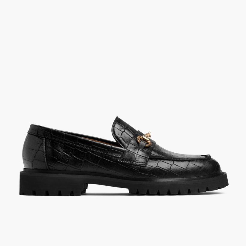Penny ブラック & Gold Croco Leather Loafers レディース