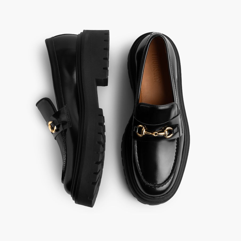 Penny Platform ブラック & Gold レザーローファー レディース - 補強ヒールカウンターと高精度2本針ステッチのディテール