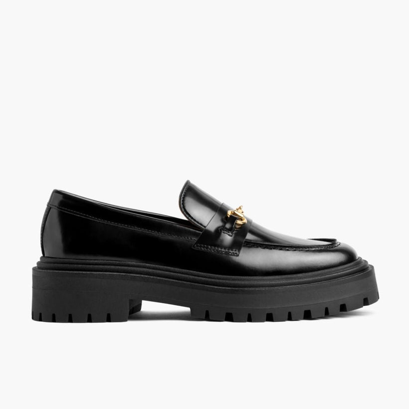 Penny Platform ブラック & Gold Leather Loafers レディース