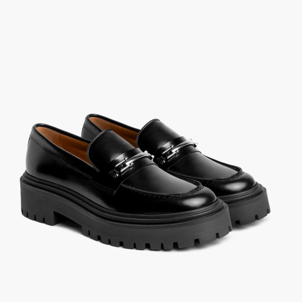 Penny Platform ブラック & Silver レザーローファー レディース ブラック カウハイド本革 - 側面ビュー | 公式オンライン通販