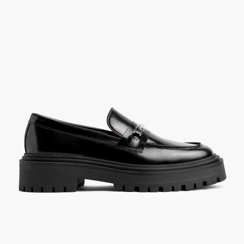 Penny Platform ブラック & Silver Leather Loafers レディース