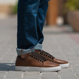 Murphy Low Top Tan Leather Sneakers in Tan Full-Grain Leather - Lateral Side Profile View | Buy Online