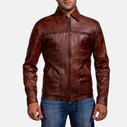 Men's Abstract マルーン レザージャケット メンズ in Distressed Brown Sheep Skin Burnishing - Front Profile View &amp; Tailored Silhouette | Buy Online