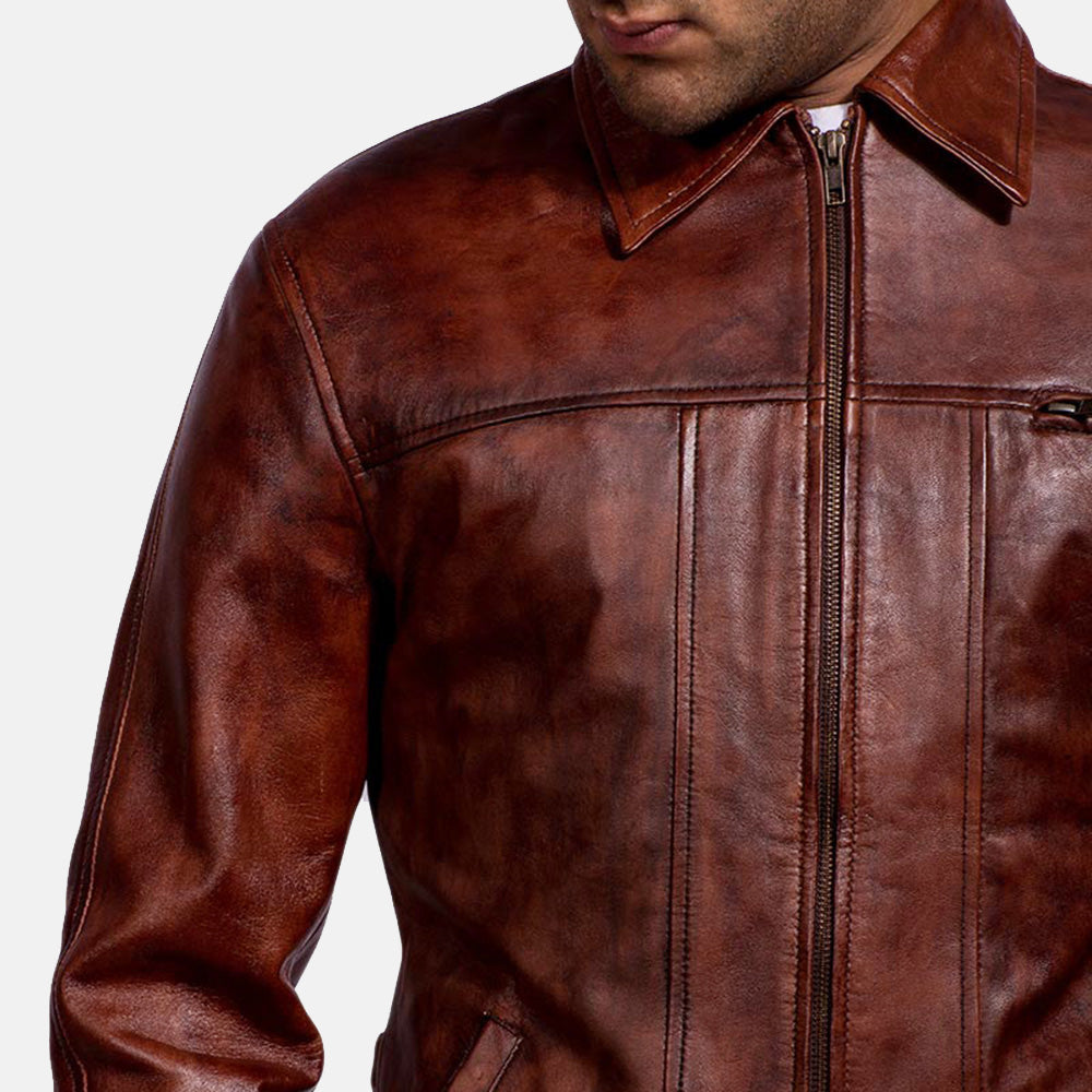 Men's Abstract マルーン レザージャケット メンズ - Lateral Side Profile View Showing Sleeve Cut &amp; Athletic Taper Fit