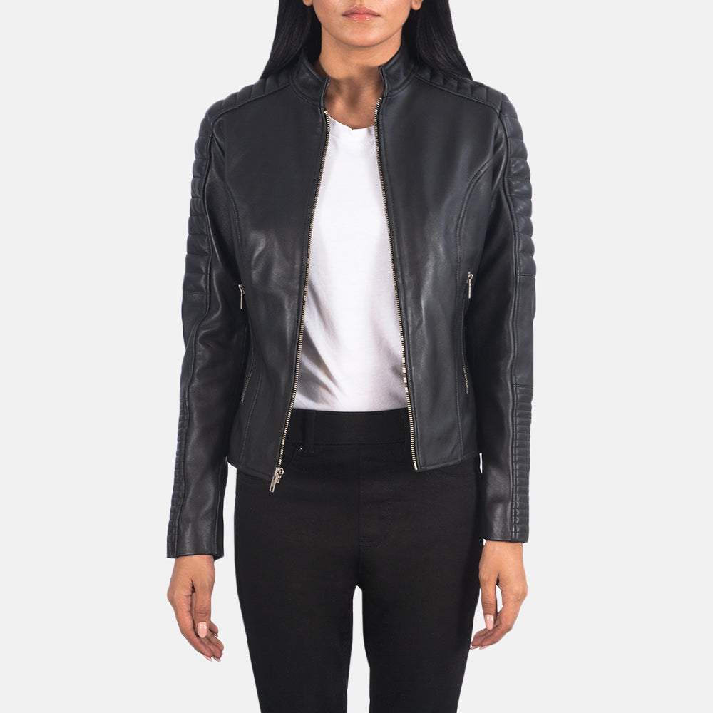 Women's Adalyn キルティング ブラック レザーライダースジャケット レディース in Black Sheepskin Leather - Front Profile View &amp; Tailored Silhouette | Buy Online
