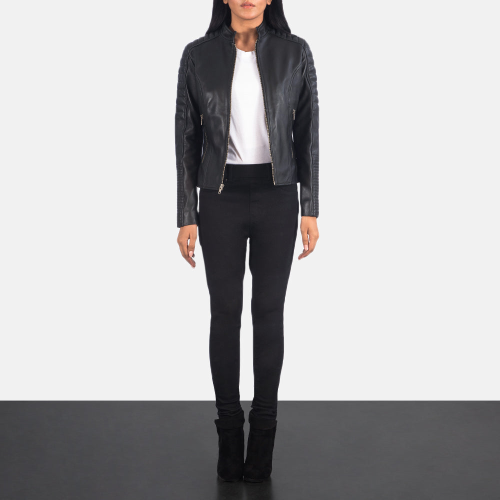 Women's Adalyn キルティング ブラック レザーライダースジャケット レディース - Lateral Side Profile View Showing Sleeve Cut &amp; Athletic Taper Fit