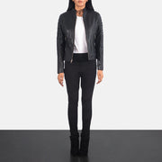 Women's Adalyn キルティング ブラック レザーライダースジャケット レディース - Lateral Side Profile View Showing Sleeve Cut &amp; Athletic Taper Fit