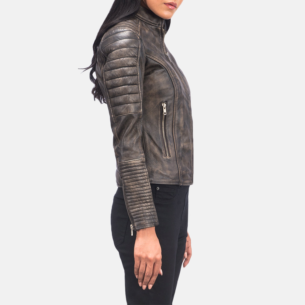 
Distressed Brown Goatskin Leather Biker Jacket - 美しい肩のラインと裾の仕立てが際立つ背面ビュー