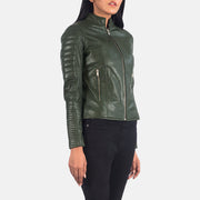 
Green Sheepskin Leather Biker Jacket - 美しい肩のラインと裾の仕立てが際立つ背面ビュー