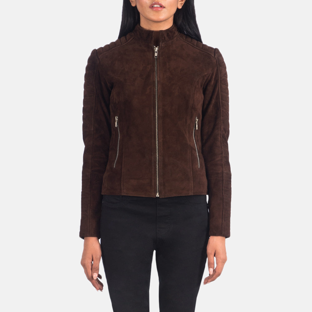 Women's Adalyn キルティング Mocha Suede レザーライダースジャケット レディース in Mocha Brown Goatskin Suede - Front Profile View &amp; Tailored Silhouette | Buy Online