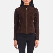 Women's Adalyn キルティング Mocha Suede レザーライダースジャケット レディース in Mocha Brown Goatskin Suede - Front Profile View &amp; Tailored Silhouette | Buy Online