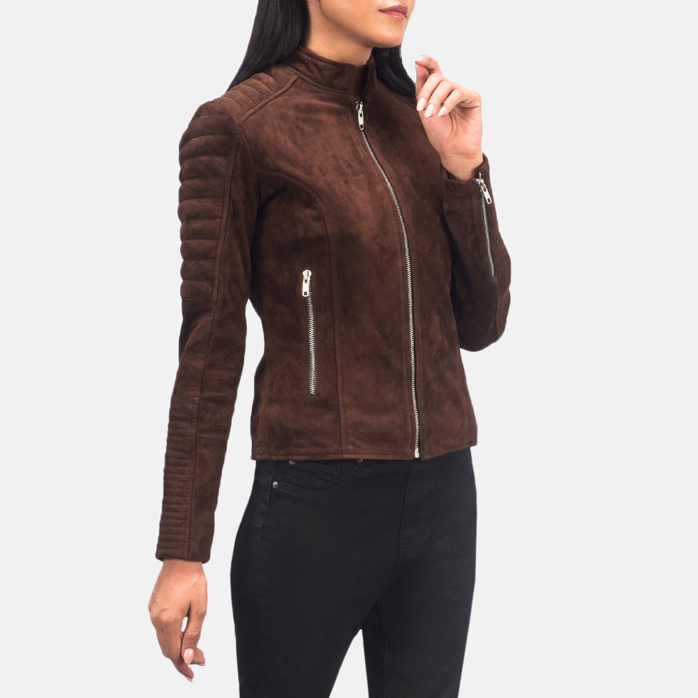 Women's Adalyn キルティング Mocha Suede レザーライダースジャケット レディース - Lateral Side Profile View Showing Sleeve Cut &amp; Athletic Taper Fit