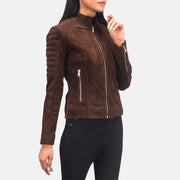 Women's Adalyn キルティング Mocha Suede レザーライダースジャケット レディース - Lateral Side Profile View Showing Sleeve Cut &amp; Athletic Taper Fit