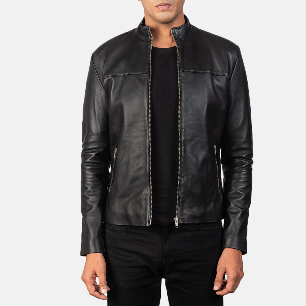 Men's Adornica ブラック レザーライダースジャケット メンズ in Black Sheepskin Leather - Front Profile View &amp; Tailored Silhouette | Buy Online