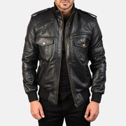Men's Agent Shadow ブラック レザーボンバージャケット メンズ in Black Sheepskin Leather - Front Profile View &amp; Tailored Silhouette | Buy Online