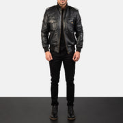 Men's Agent Shadow ブラック レザーボンバージャケット メンズ - Lateral Side Profile View Showing Sleeve Cut &amp; Athletic Taper Fit