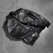 Rib knit &amp; Hem Craftsmanship Construction Detail on Men's Agent Shadow ブラック レザーボンバージャケット メンズ
