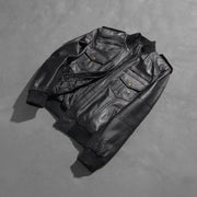 Styled Fit Perspective of Men's Agent Shadow ブラック レザーボンバージャケット メンズ on Model - Natural Daylight Drape