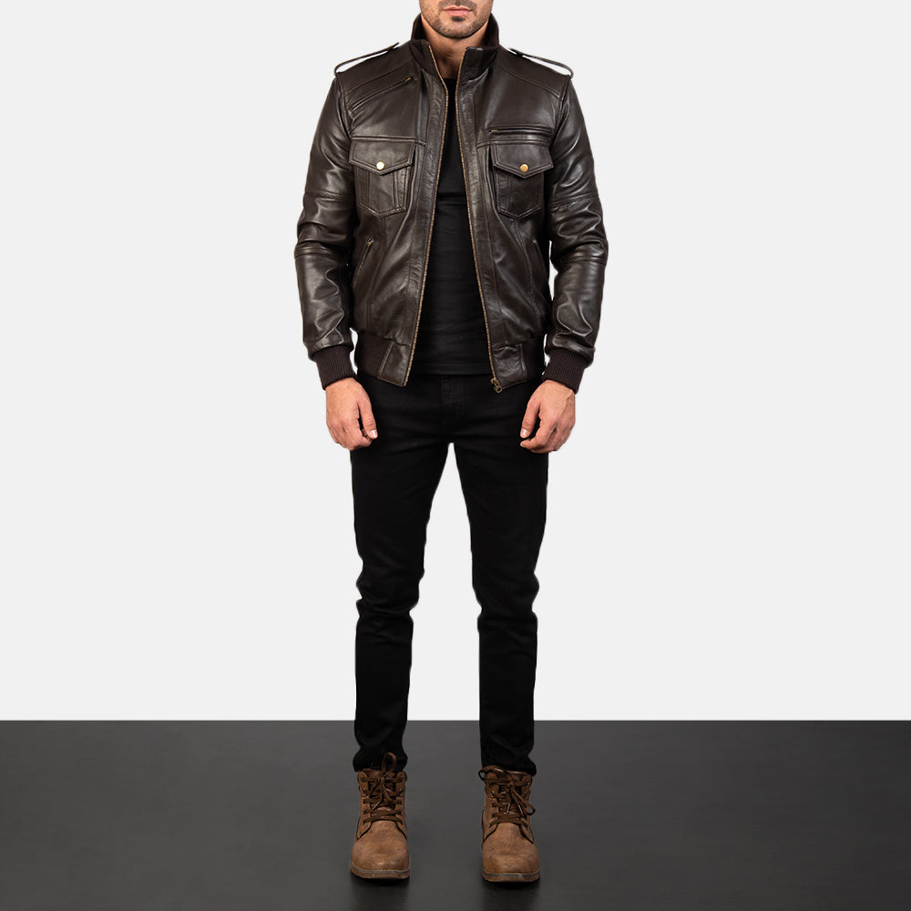 Men's Agent Shadow ブラウン レザーボンバージャケット メンズ - Lateral Side Profile View Showing Sleeve Cut &amp; Athletic Taper Fit