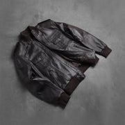 Rib knit &amp; Hem Craftsmanship Construction Detail on Men's Agent Shadow ブラウン レザーボンバージャケット メンズ