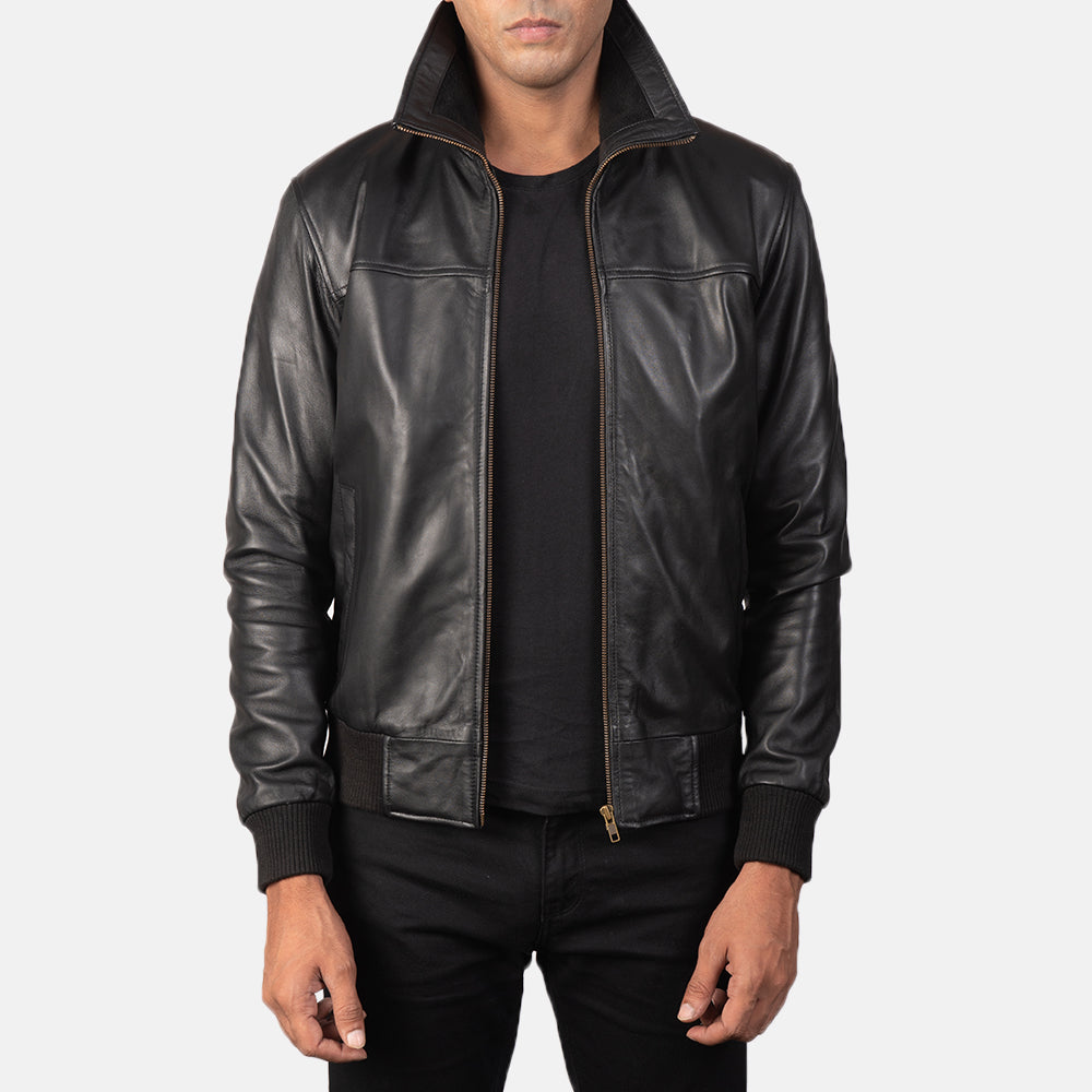 Men's Air Rolf ブラック レザーボンバージャケット メンズ in Black Sheepskin Leather - Front Profile View &amp; Tailored Silhouette | Buy Online