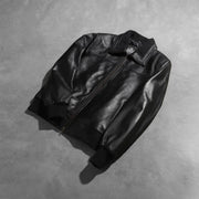 Rib Knit &amp; Hem Craftsmanship Construction Detail on Men's Air Rolf ブラック レザーボンバージャケット メンズ