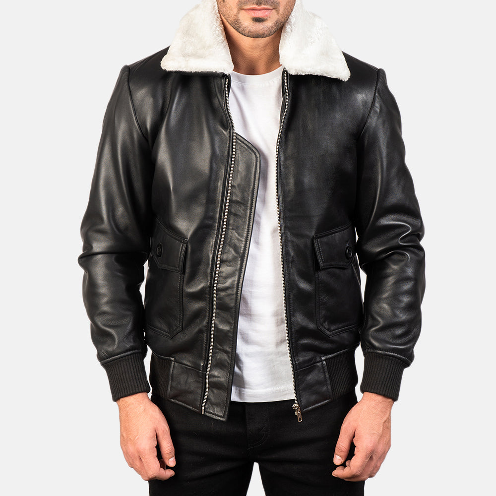 
Airin G-1 Black & White Leather Bomber Jacket in Black Sheepskin Leather - 正面スタイル＆テーラードシルエット | 公式オンライン通販