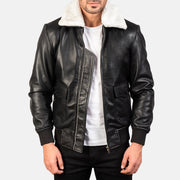
Airin G-1 Black & White Leather Bomber Jacket in Black Sheepskin Leather - 正面スタイル＆テーラードシルエット | 公式オンライン通販