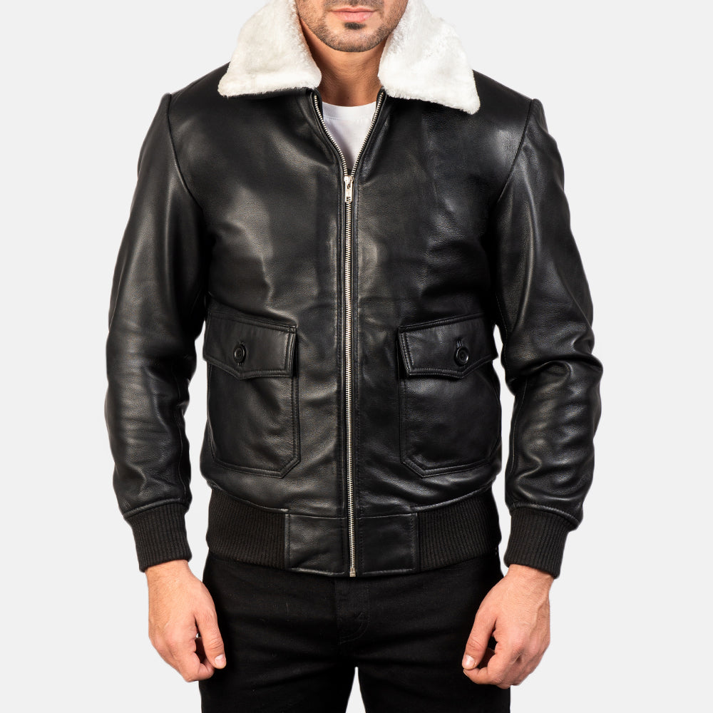 
クローズアップ詳細 of Shirt with Removable Fur & Zipper Hardware on Airin G-1 Black & White Leather Bomber Jacket