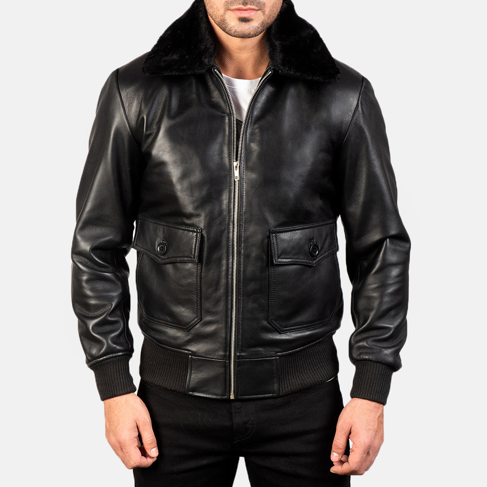 
クローズアップ詳細 of Shirt with Removable Fur & Zipper Hardware on Airin G-1 ブラック レザーボンバージャケット メンズ