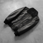 
Rib Knit & Hem Craftsmanship Construction Detail on Airin G-1 ブラック レザーボンバージャケット メンズ
