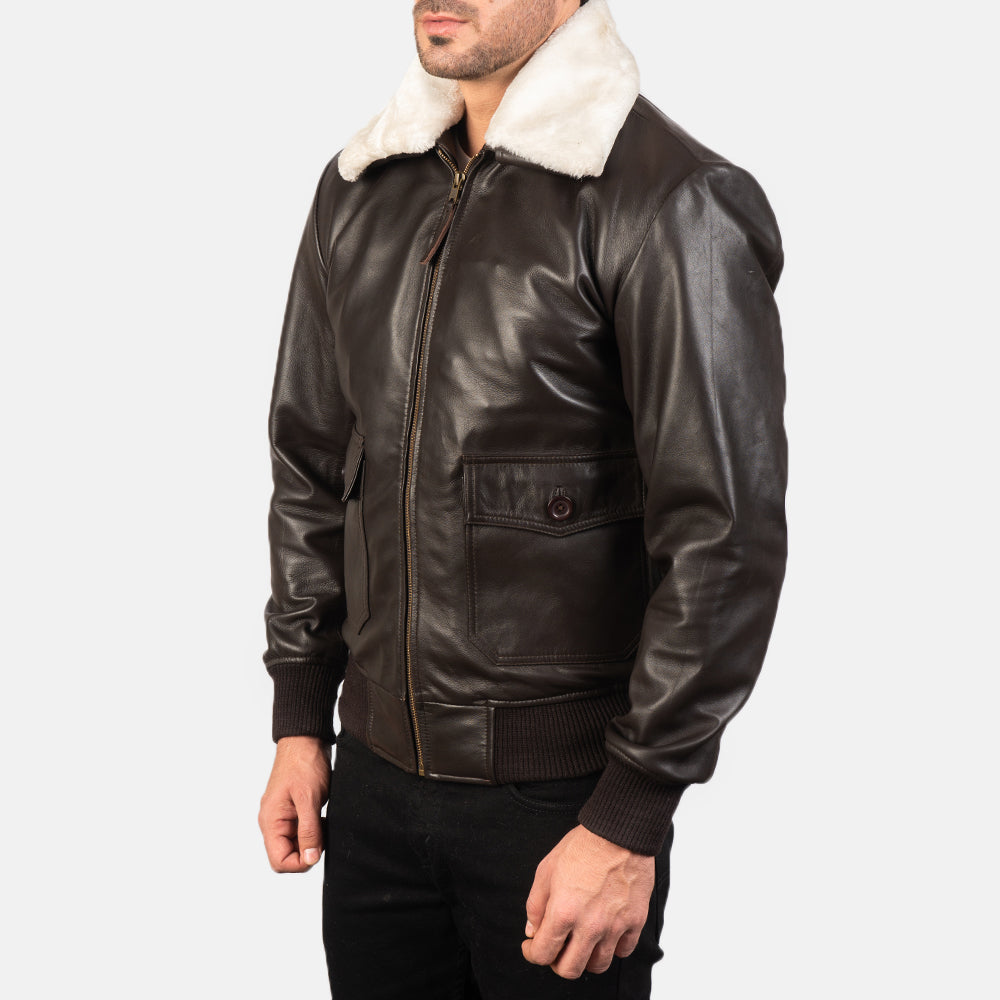 
Brown Sheepskin Leather Bomber Jacket - 美しい肩のラインと裾の仕立てが際立つ背面ビュー