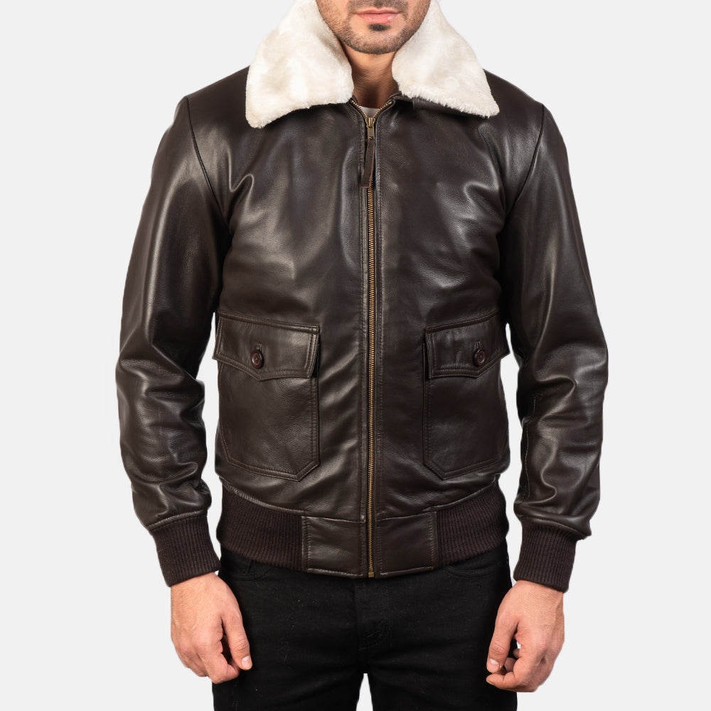 
クローズアップ詳細 of Shirt with Removable Fur & Zipper Hardware on Airin G-1 ブラウン レザーボンバージャケット メンズ
