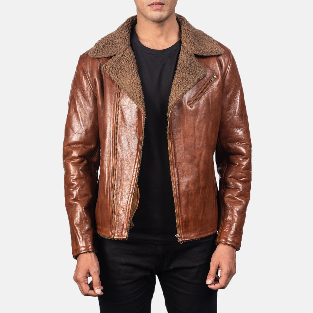 Men's Alberto Shearling ブラウン レザージャケット メンズ in Brown Sheepskin Leather - Front Profile View &amp; Tailored Silhouette | Buy Online