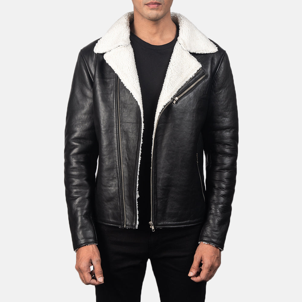 Men's Alberto White Shearling ブラック レザージャケット メンズ in Black Sheepskin Leather - Front Profile View &amp; Tailored Silhouette | Buy Online