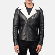 Men's Alberto White Shearling ブラック レザージャケット メンズ - Lateral Side Profile View Showing Sleeve Cut &amp; Athletic Taper Fit