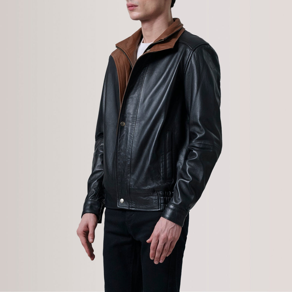 Alfred Brown Leather Bomber Jacket For Men - Lateral Side Profile View Showing Sleeve Cut & Athletic Taper Fit