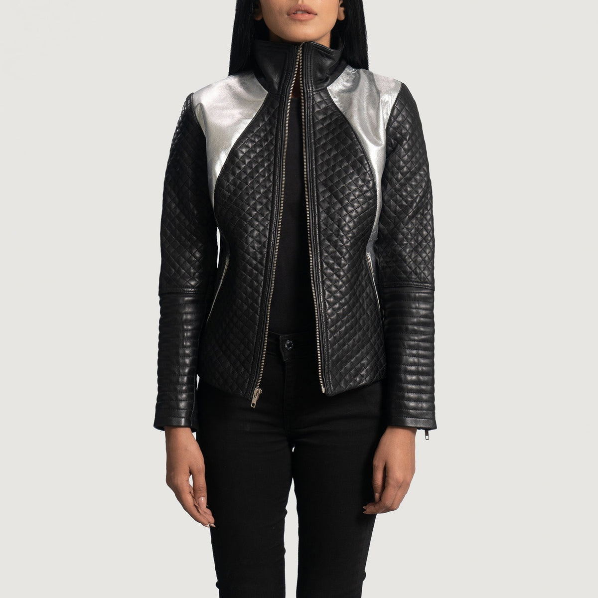 Women's Alia Metallic ブラック レザーライダースジャケット レディース in Black Sheepskin Leather - Front Profile View &amp; Tailored Silhouette | Buy Online