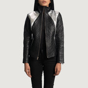 Women's Alia Metallic ブラック レザーライダースジャケット レディース in Black Sheepskin Leather - Front Profile View &amp; Tailored Silhouette | Buy Online