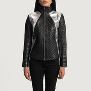 Women's Alia Metallic ブラック レザーライダースジャケット レディース - Lateral Side Profile View Showing Sleeve Cut &amp; Athletic Taper Fit