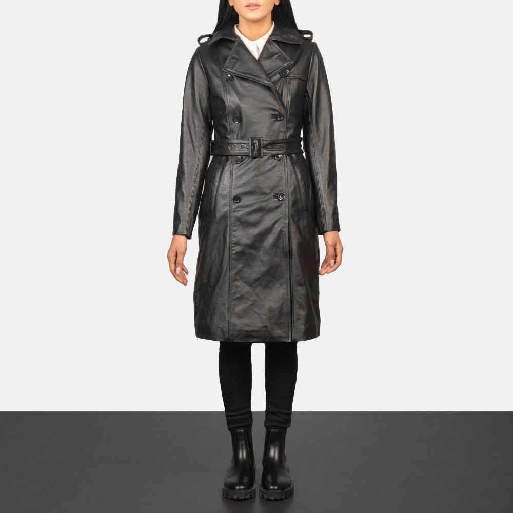 
Alice Black Double Breasted Leather Coat in Black Cowhide Leather - 正面スタイル＆テーラードシルエット | 公式オンライン通販