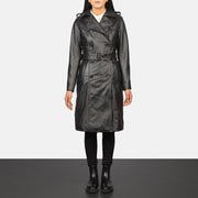 
Alice Black Double Breasted Leather Coat in Black Cowhide Leather - 正面スタイル＆テーラードシルエット | 公式オンライン通販