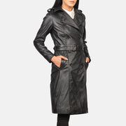 
クローズアップ詳細 of Notch & Buttons Hardware on Alice Black Double Breasted Leather Coat