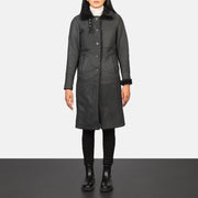 Women's Alina Shearling ブラック レザーコート レディース in Distressed Black Sheepskin Leather - Front Profile View &amp; Tailored Silhouette | Buy Online